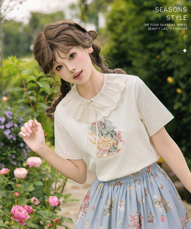 NyaNya - Four Seasons Collection - Sweet Lolita T-shirt Summer Loose Fit Embroidered T-shirt