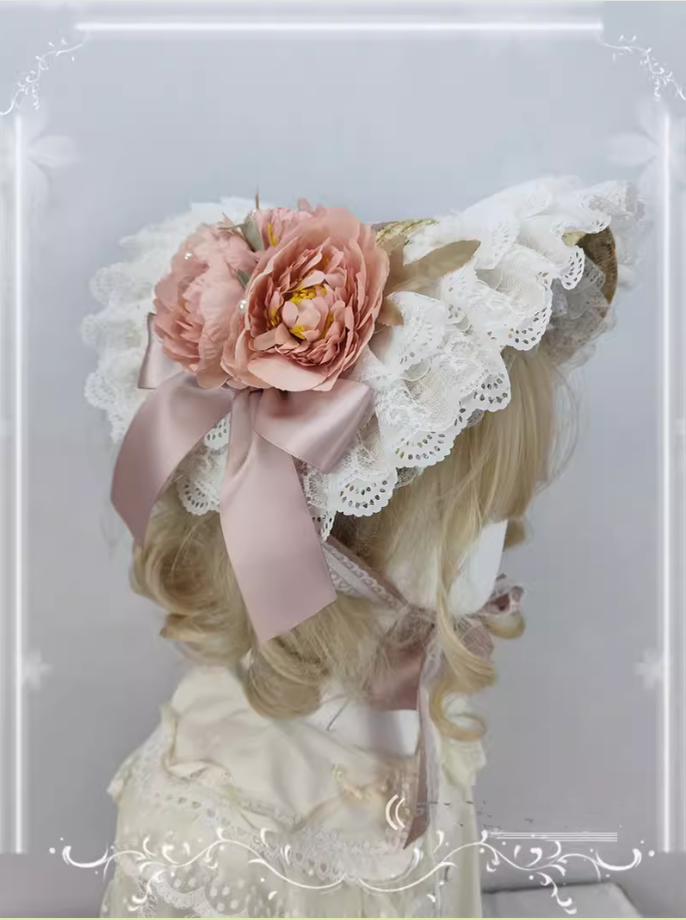 Cocoa Jam - Country Lolita Bonnet Lace Flower Flat Cap Multicolors Customized smoky pink