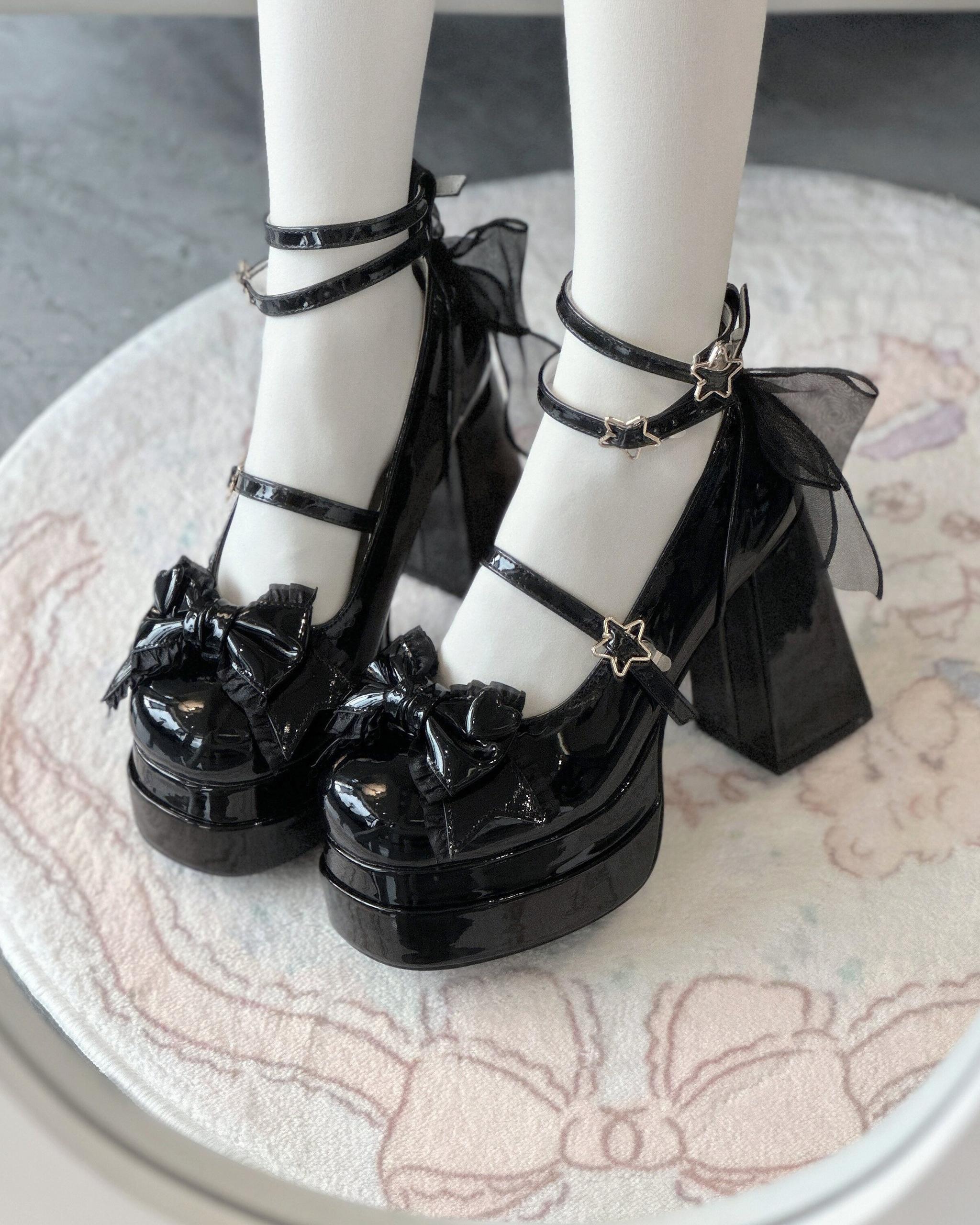 Puff Party - Elegant Lolita Chunky Heel Shoes, Bow & Straps Black - PU Version 34