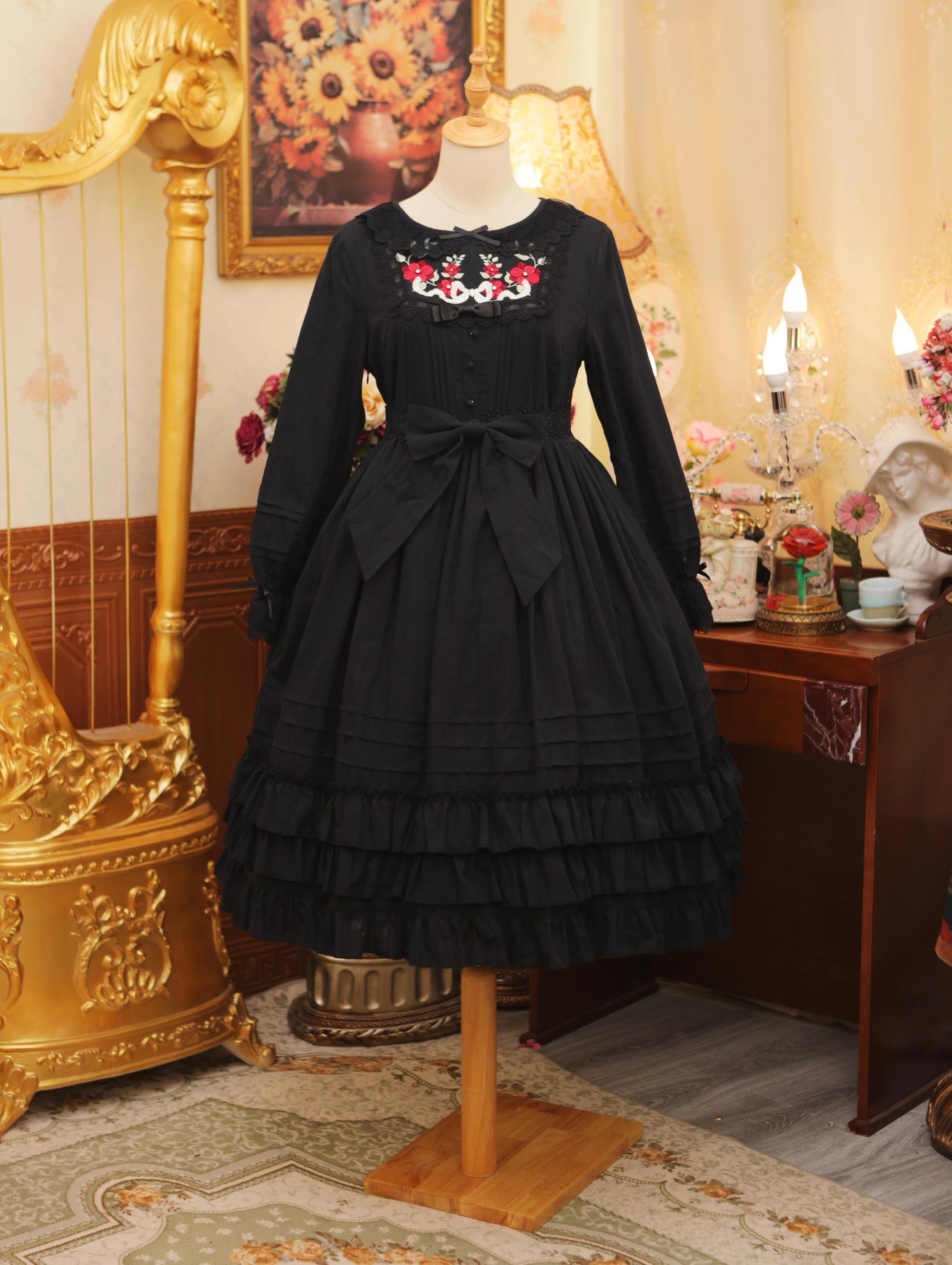 Maiden Nelly - Classic Lolita OP Dress, Embroidered Flowers Black - Long Sleeve OP Dress + Bow S