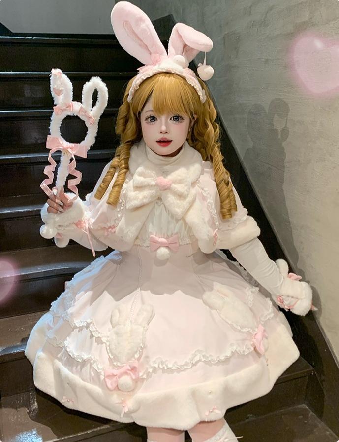 Mengfuzi - Bunny Mochi - Winter Doll-like Sweet Lolita Cape Dress Set