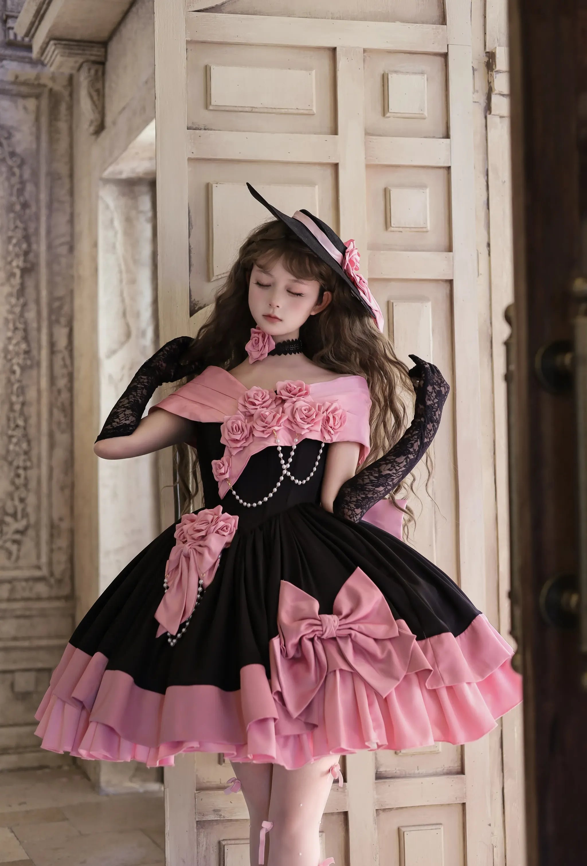 Casket Rose - Elegant Lolita Satin Corset Dress with 3D Pink Roses (L M S XL) 45675:858121