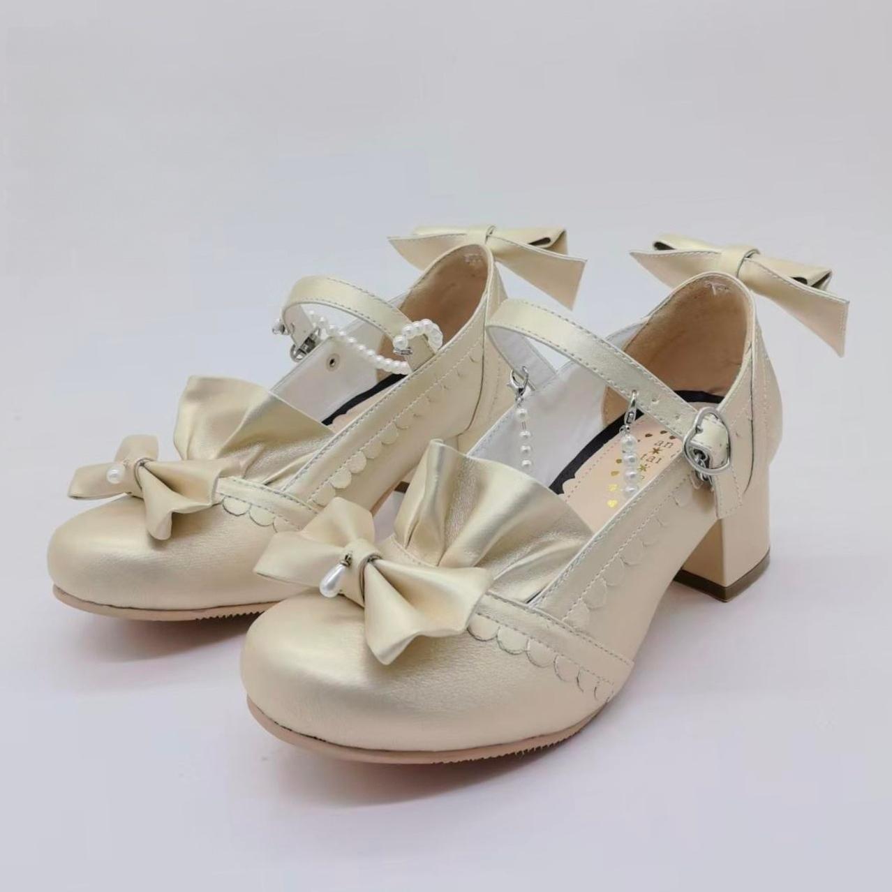Custom Color Lolita Heels Shoes, Detachable Pearl Chain
