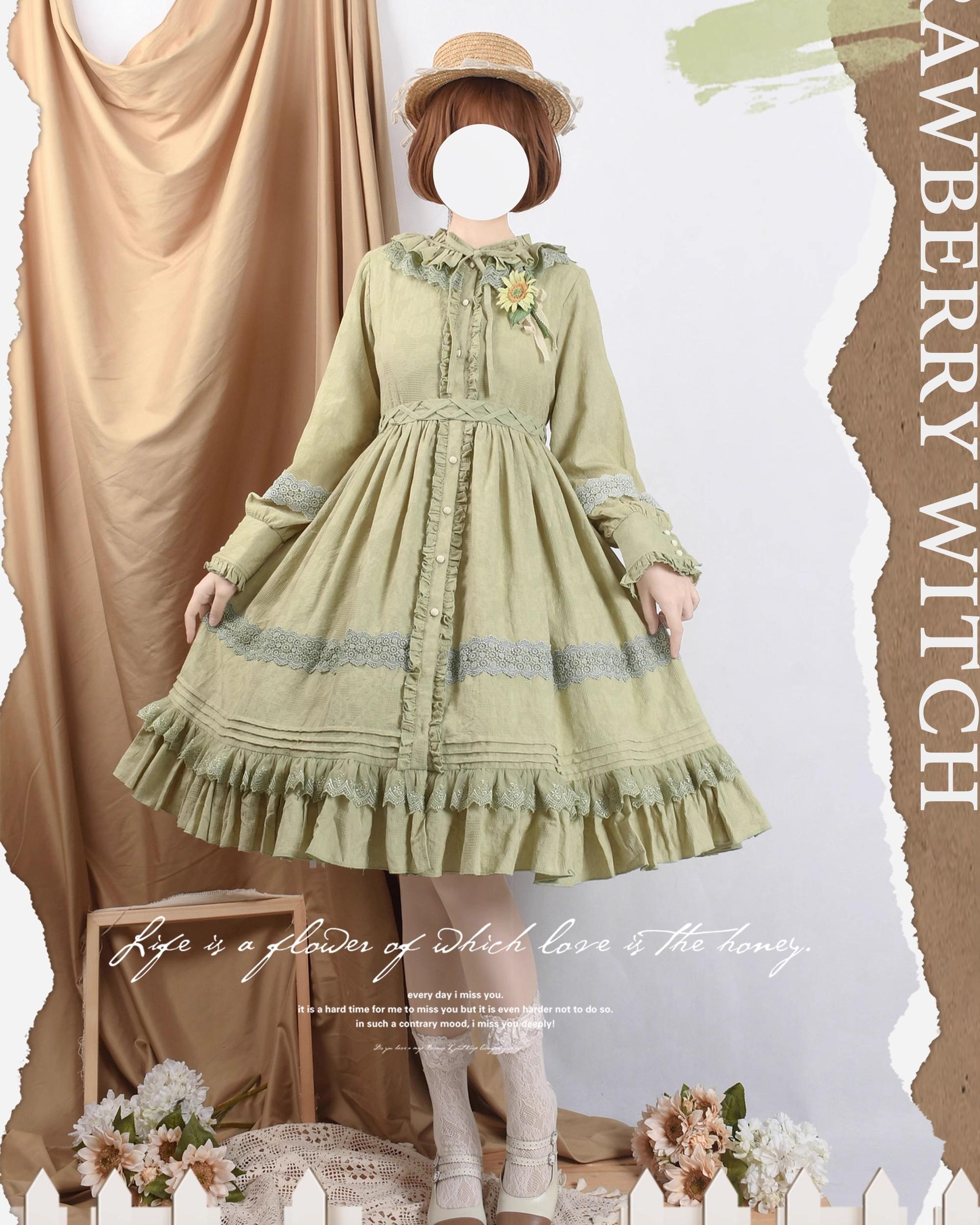 Strawberry Witch - The Spring - Cotton Lolita OP Dress with Long Sleeve green S