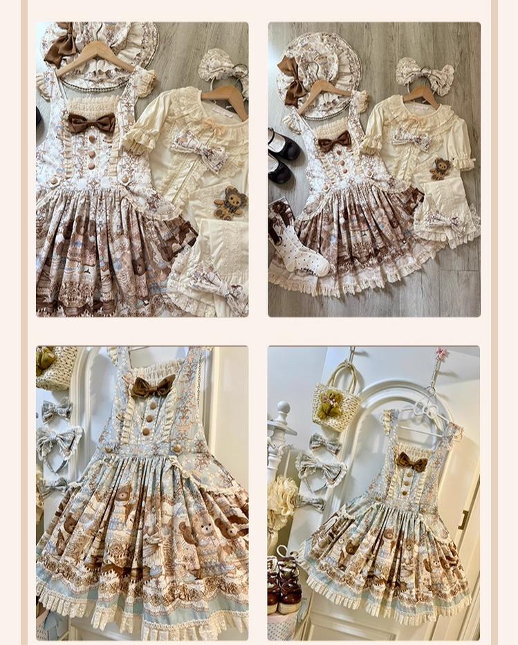 Wendy's Wardrobe - Macaron Bear - Cotton Kawaii Lolita Dress Suit, Bear & Dessert Print 43550:779077