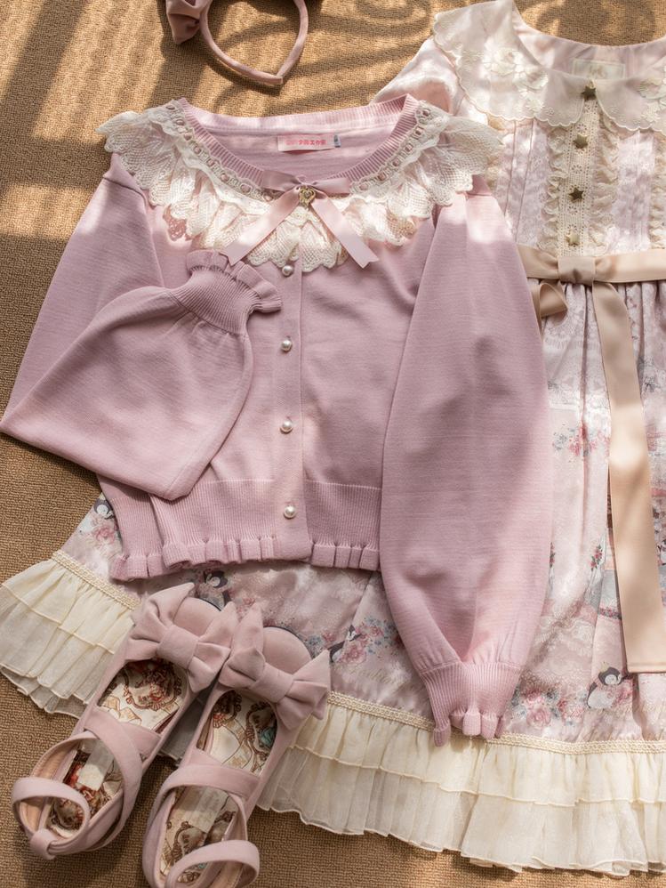 MIST - Graceful Dream - Retro Kawaii Lolita Sweater Cardigan, Ruffled Lace Neckline 43729:783975