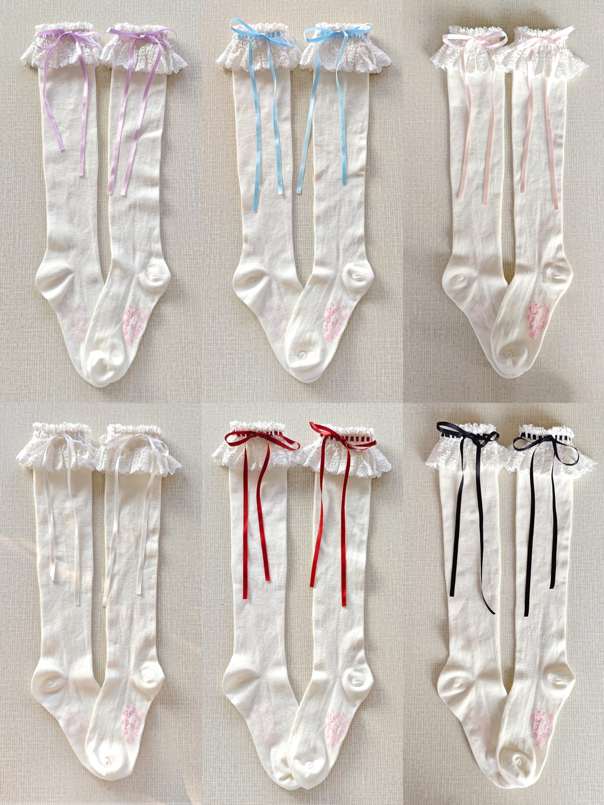Cotton Old School Lolita White Socks with Colorful Ribbon Bows 45537:853906