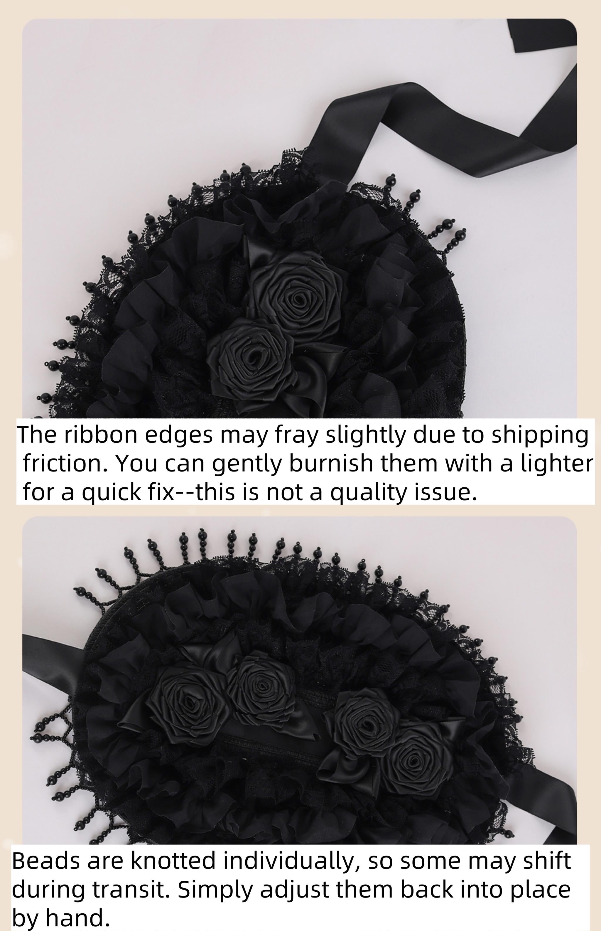 The Accessories' Story - Gothic Lolita Black Hat, Rose & Bead Tassels