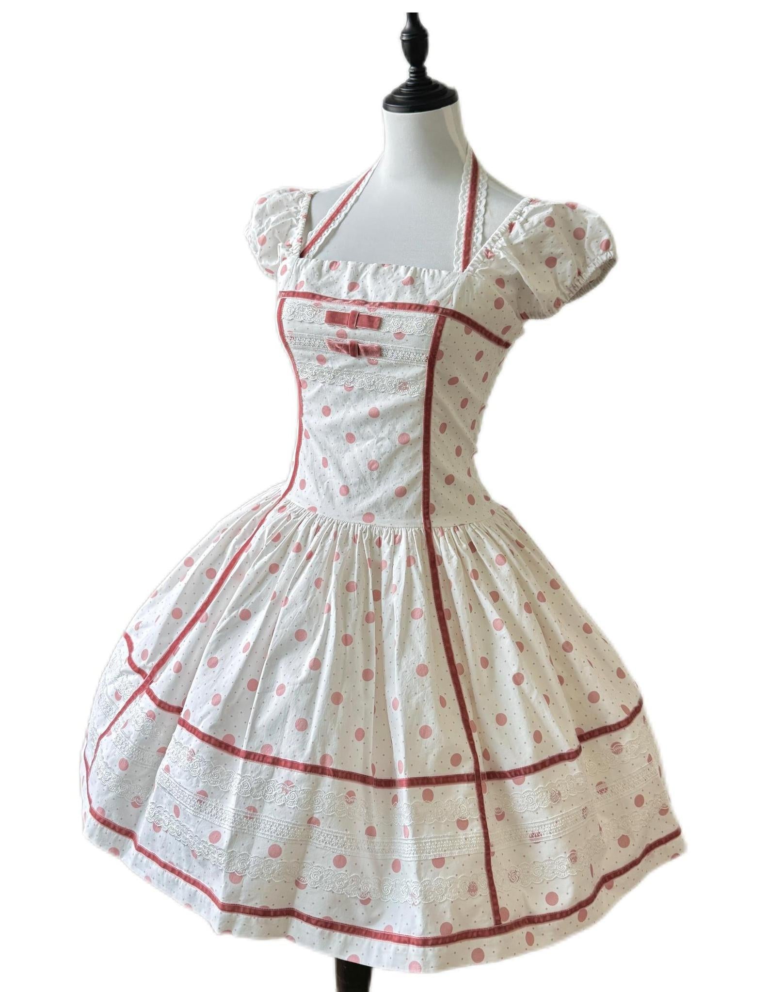 Polka Dot Birdcage - Old School Lolita Polka Dot OP Dress with Halter Neck Pink OP Only S Pre Order