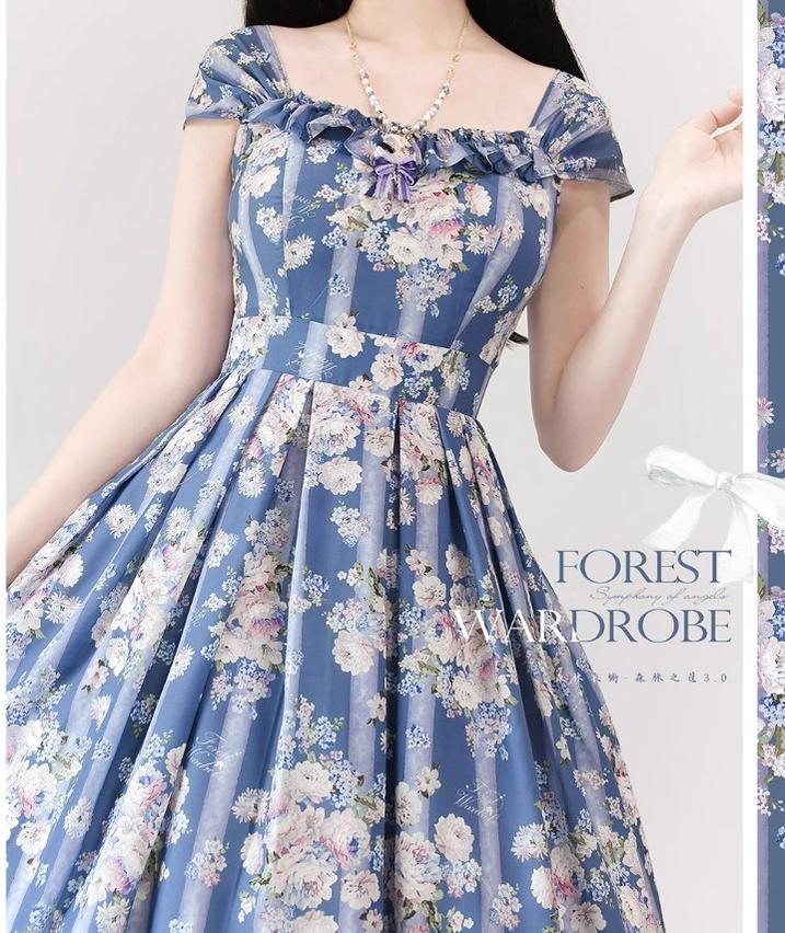 Forest Wardrobe - Forest Basket 3.0 - Vintage Lolita JSK Dress Summer Thin Dress S blue flower wall