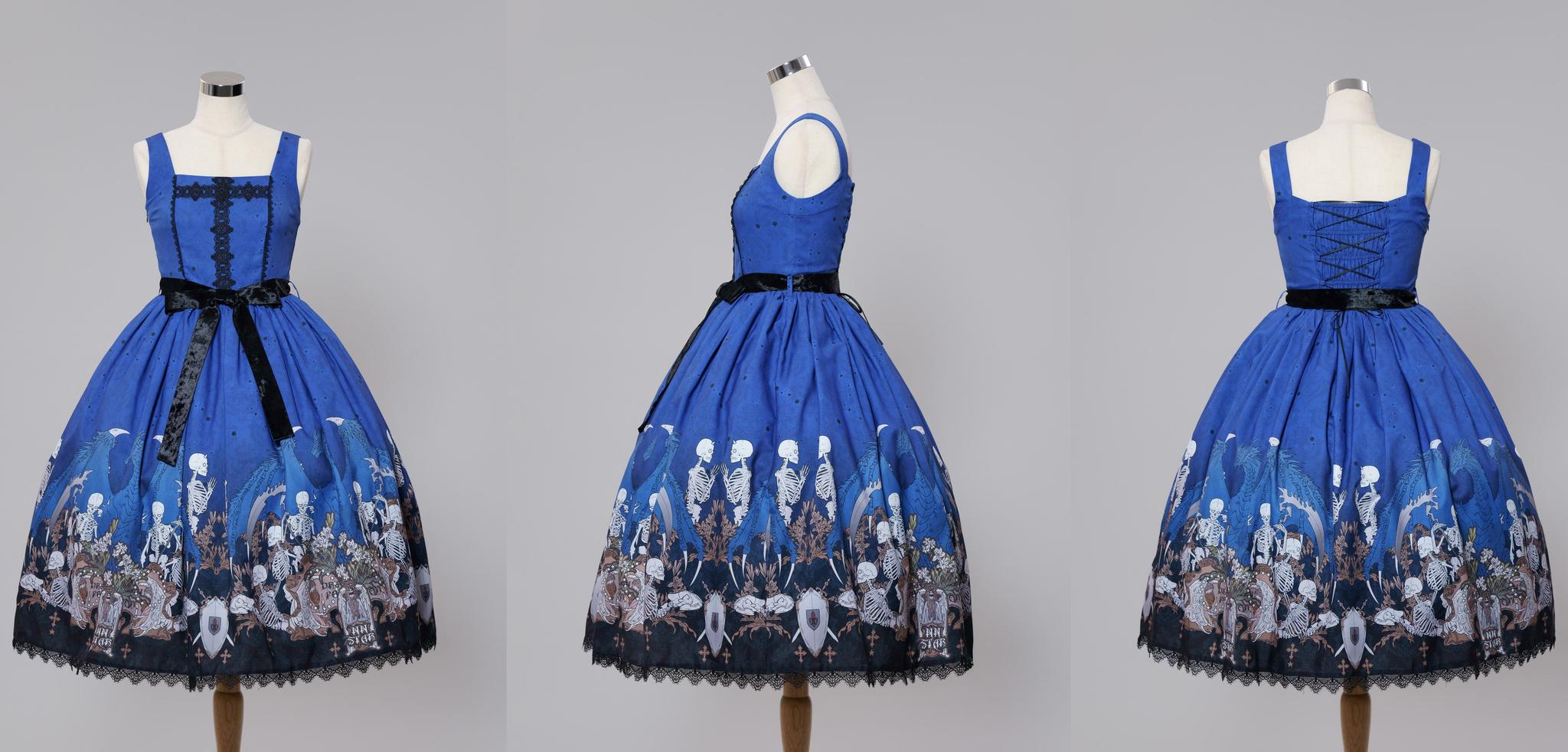 Dragon Bone Lily - Vintage Gothic Lolita Dragon & Skeleton Print JSK Dress