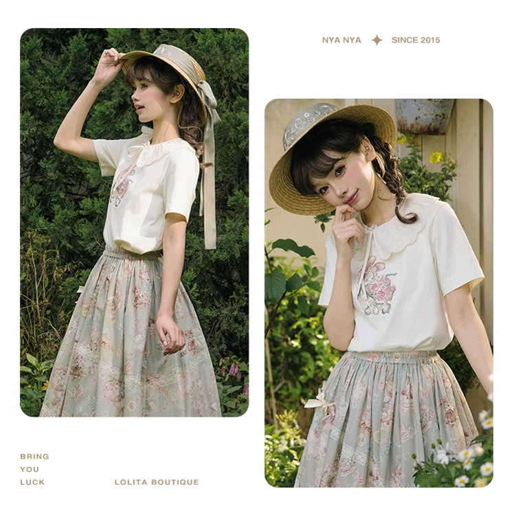 NyaNya - Four Seasons Collection - Sweet Lolita T-shirt Summer Loose Fit Embroidered T-shirt