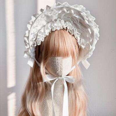 MAID - Gothic Lolita Lace Bonnet Wide Brim Bow BNT Headwear Pure White