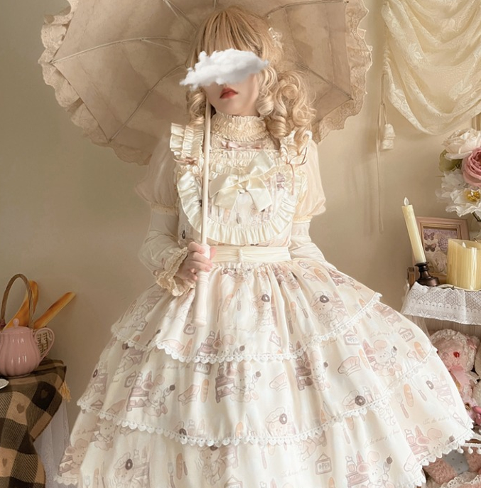 Niu Niu - Plus Size Lolita Jumper Dress, Beige Sweet Short Sleeve (2XL 3XL L M XL / Beige) 13936:173854