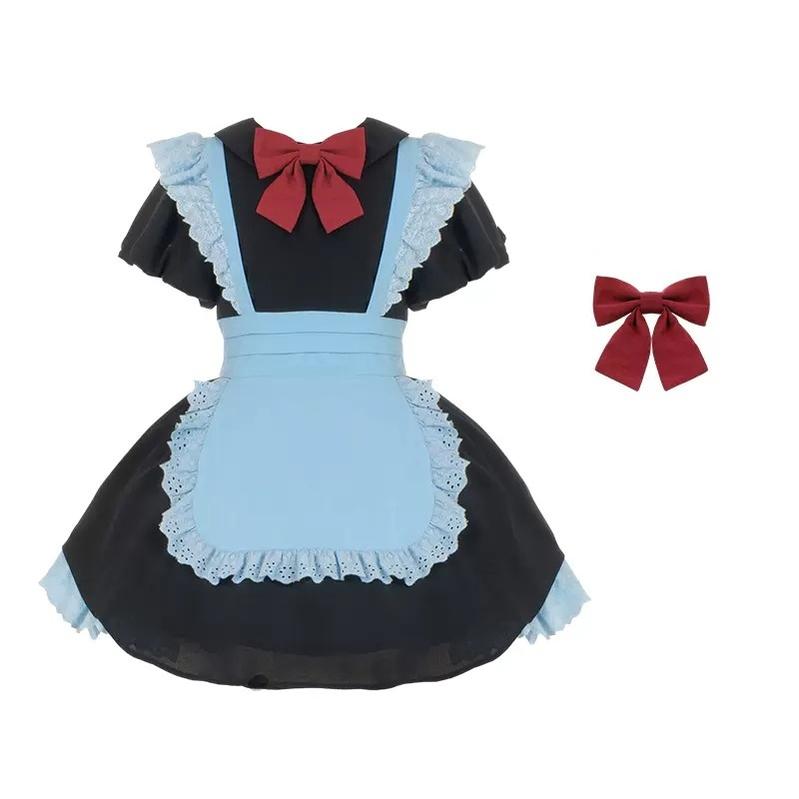 With PUJI - KissKiss - Maid Lolita OP Dress Pleated Lace Multicolor Dress S Blue and black short OP + red bow