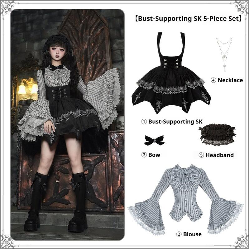 With PUJI - Letter and Poetry · Raven's Night Song - Oriental Aesthetics Gothic Lolita Dress Set Bust-Supporting SK 5-Piece Set S