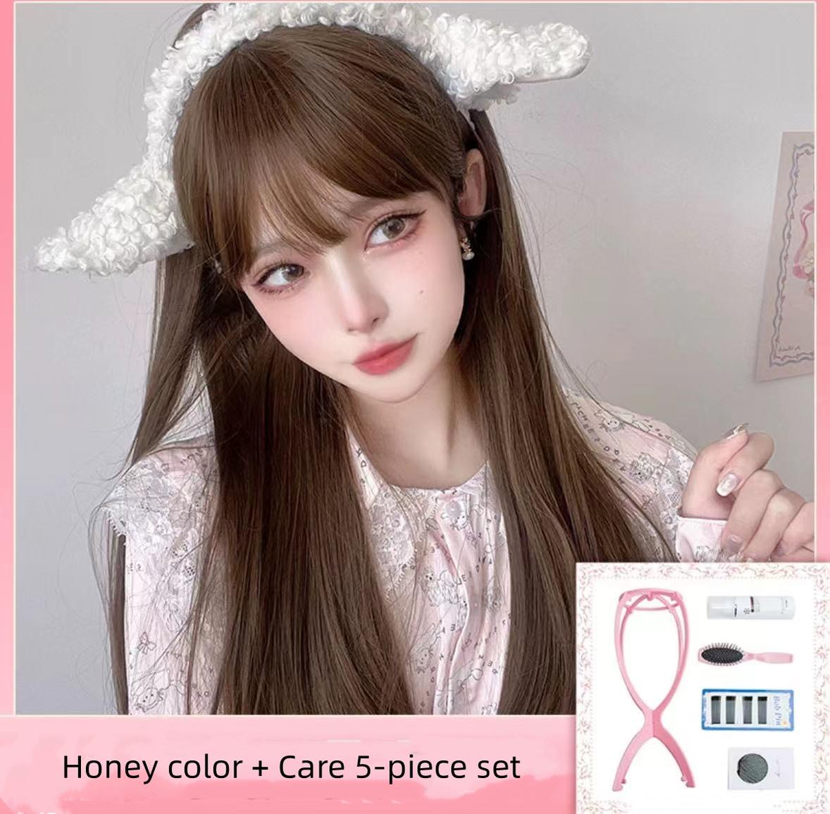 Alicegarden - Elegent Lolita Wig Long Straight Wigs Honey brown wig + pink steel comb + a hairnet + hair rack+ a sheet of straight-line clips