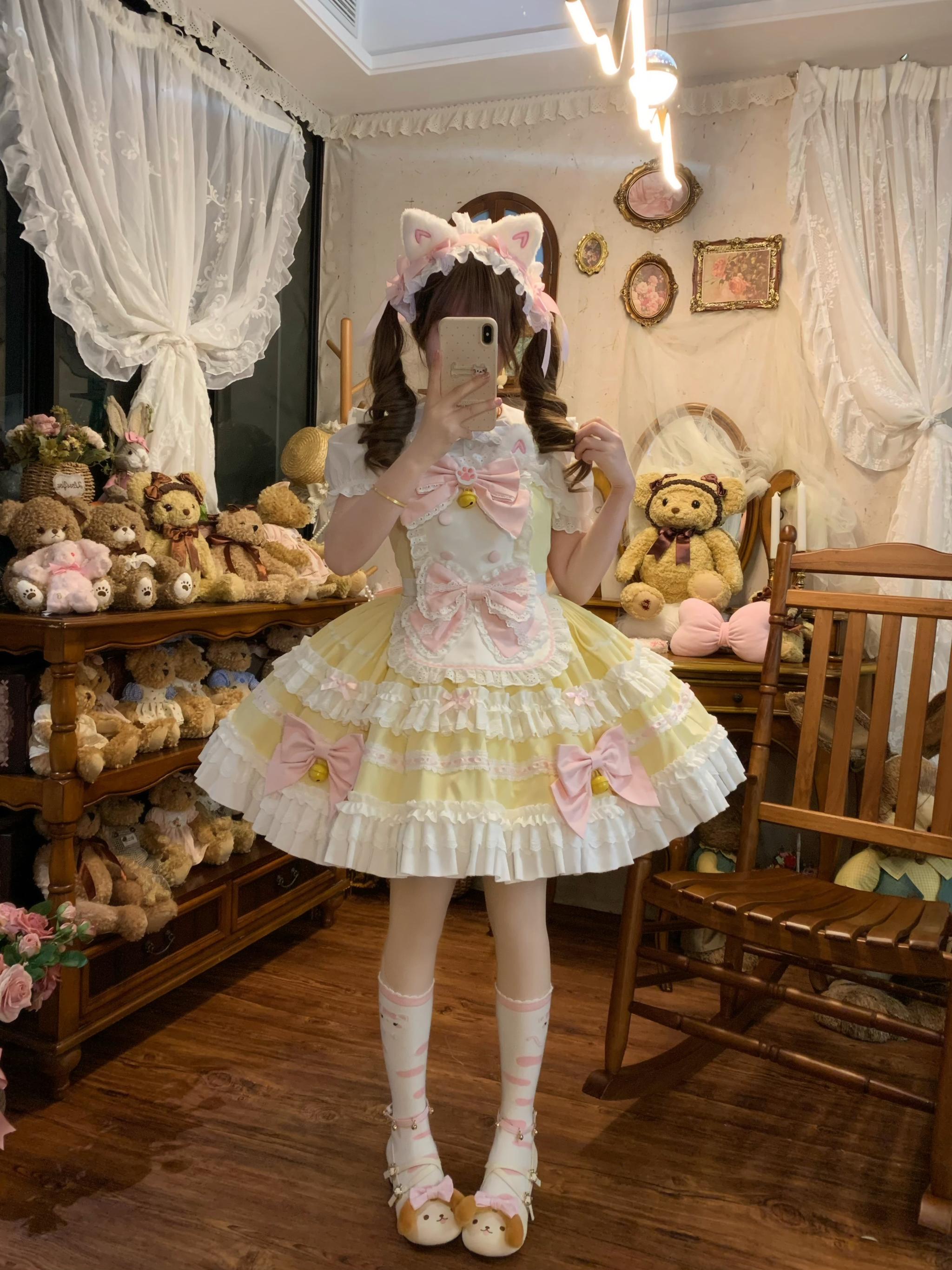 Sugar Girl - MeowRin SweetMaid - Sweet Lolita JSK, Adjustable Straps Yellow JSK + Apron + Pink Back Bow + Headband S