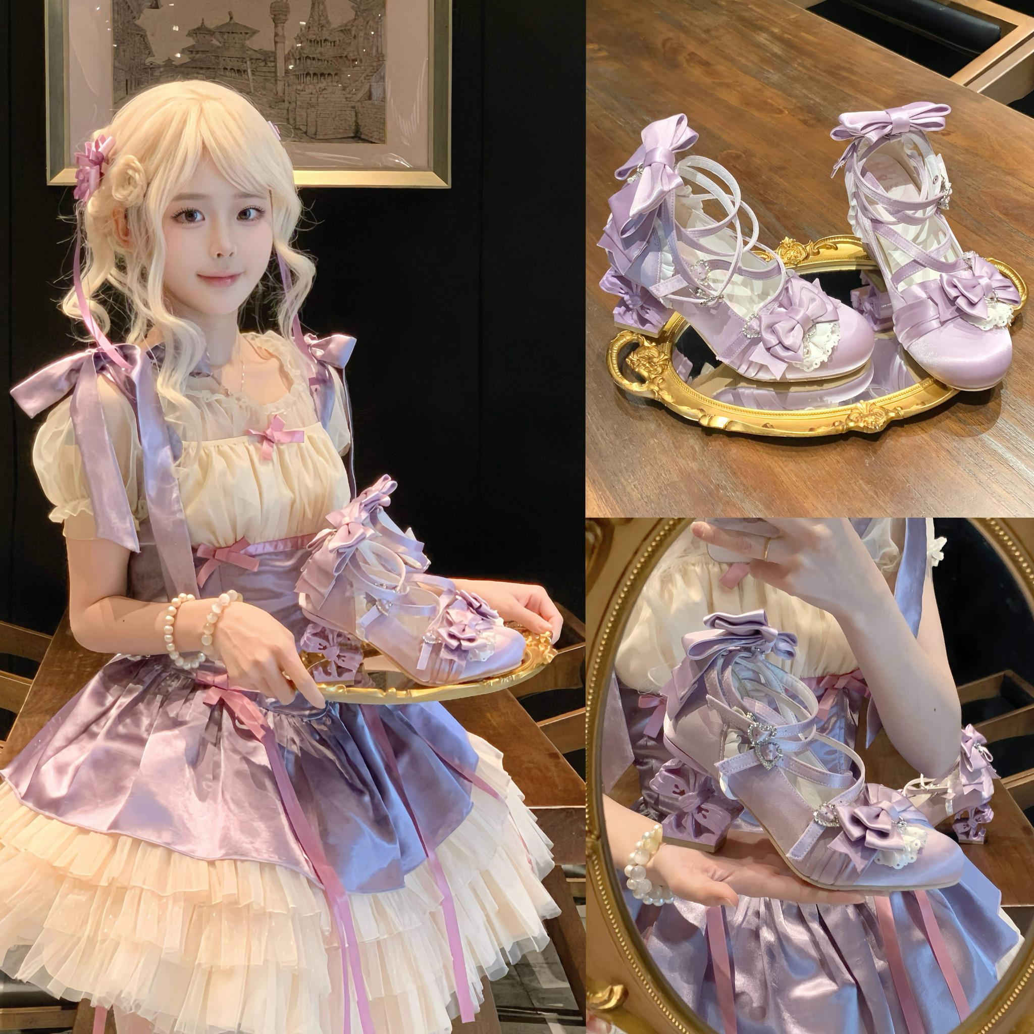 Thousand Knots - Classic Lolita Satin Heels Shoes, Bow-shaped Heel