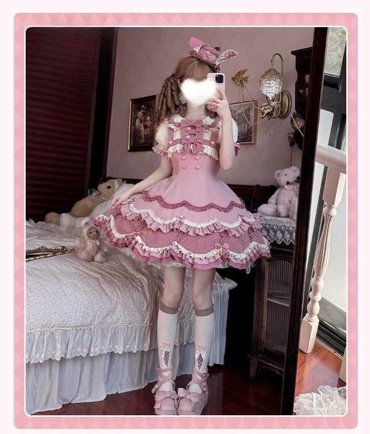 Bunny Breeze - Pink Sweet Lolita OP Dress with Cute Hat and Bunny Ears