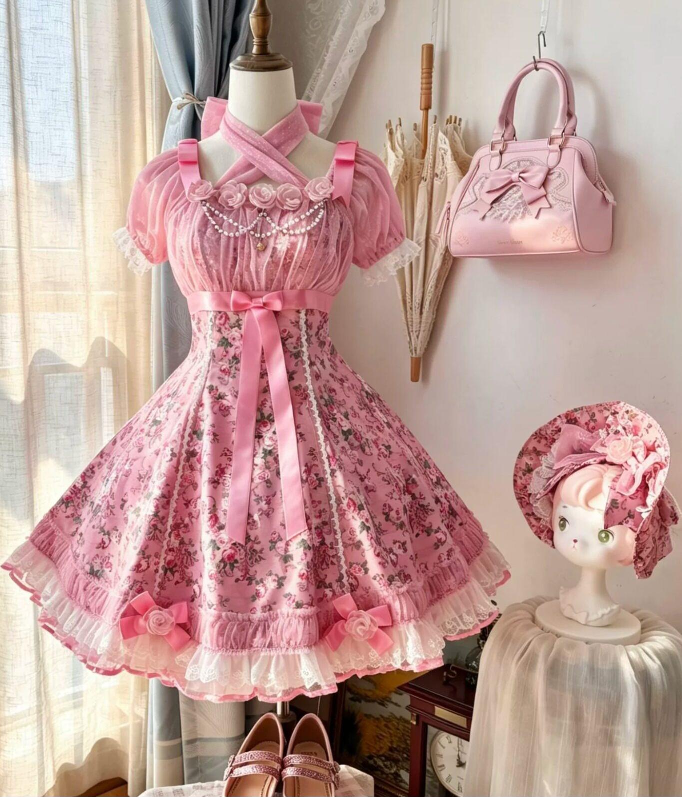 Crimson Poem - Old School Lolita Six-Panel Cut Floral Printed OP Dress 45550:852962