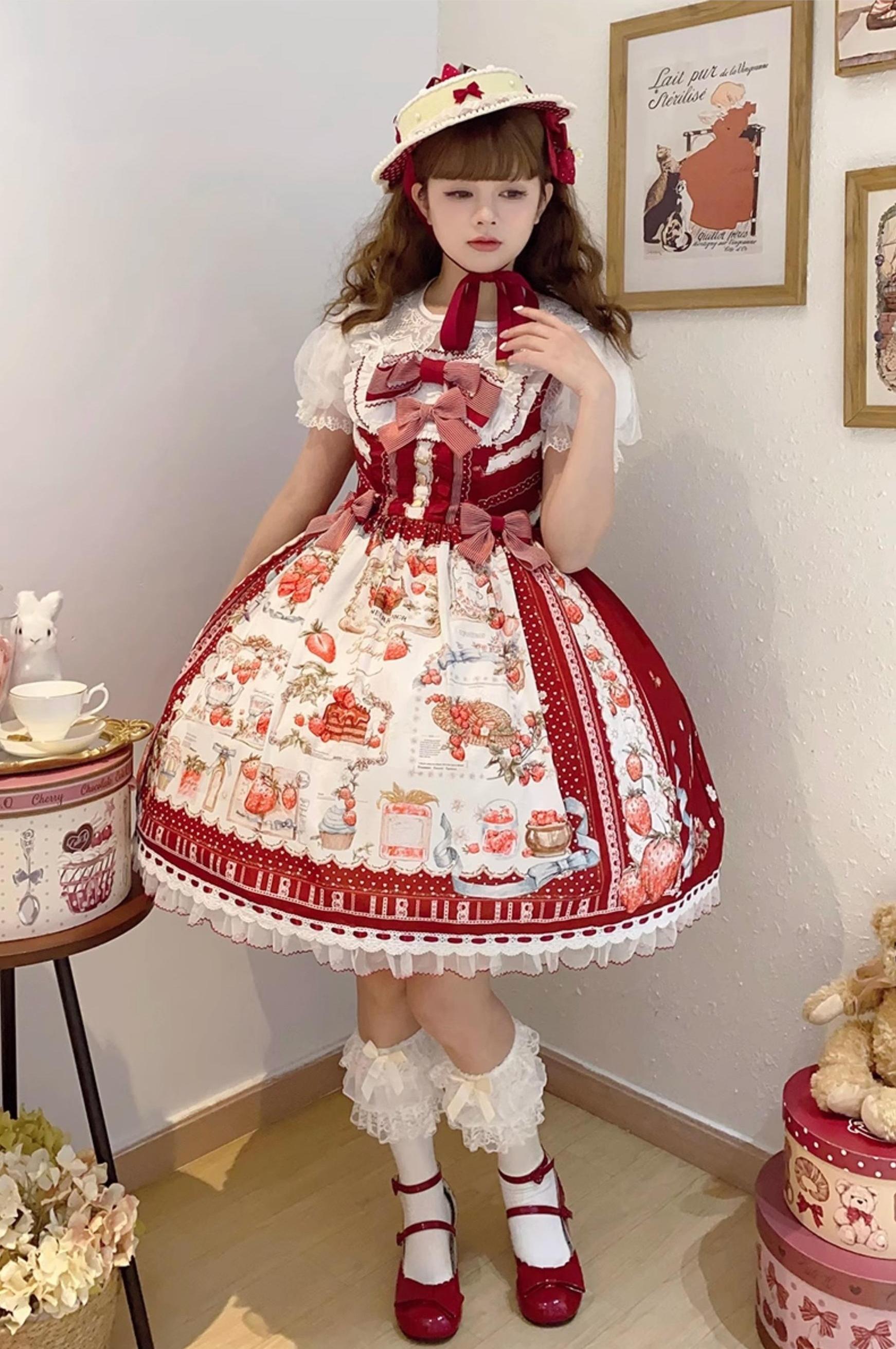 Balladeer - Strawberry Manor - Sweet Lolita JSK Dress, Strawberry Print 43417:798480