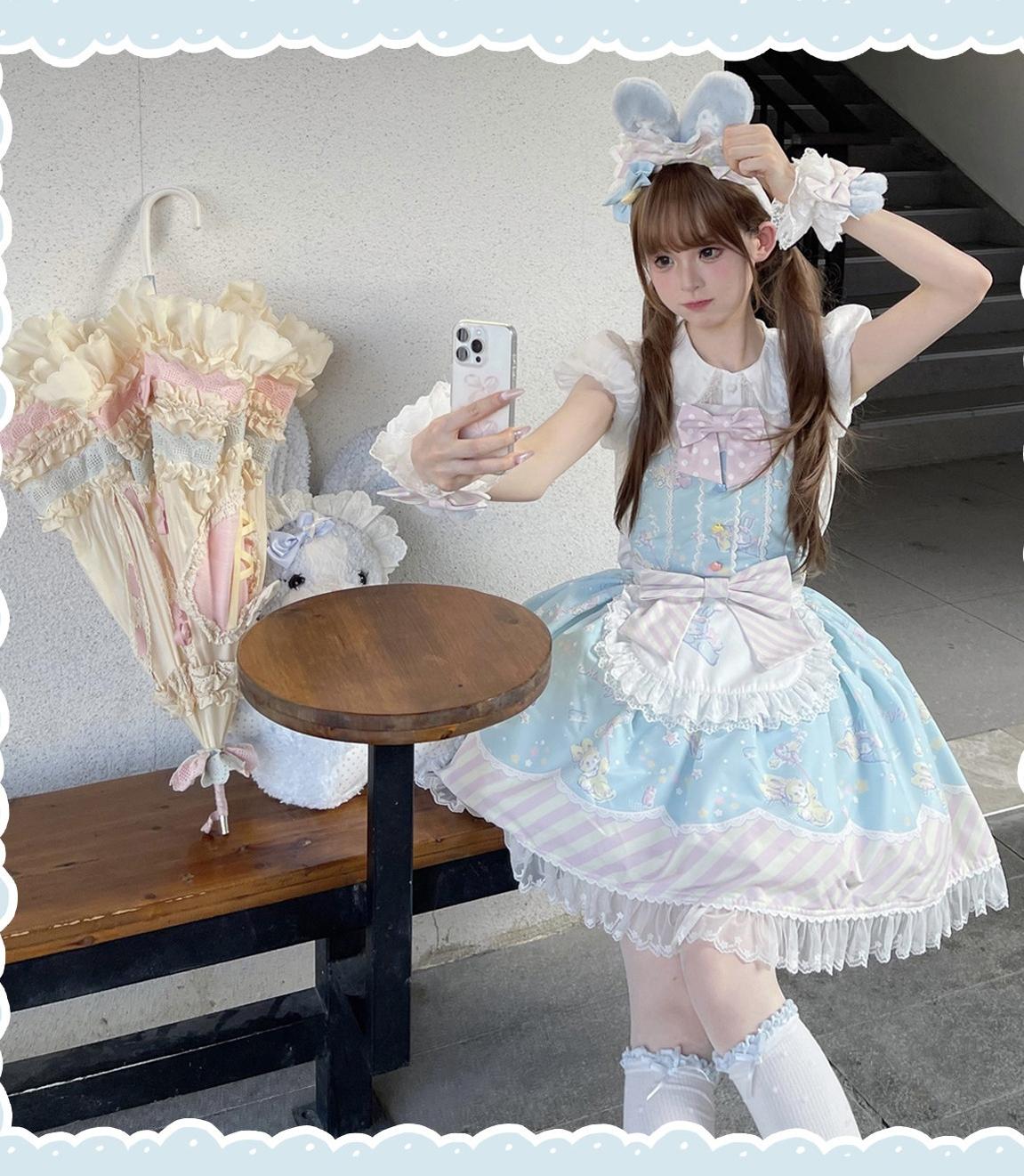 Star Gummies - IP Collaboration Sweet Lolita Dress, Bunny Print & Lace
