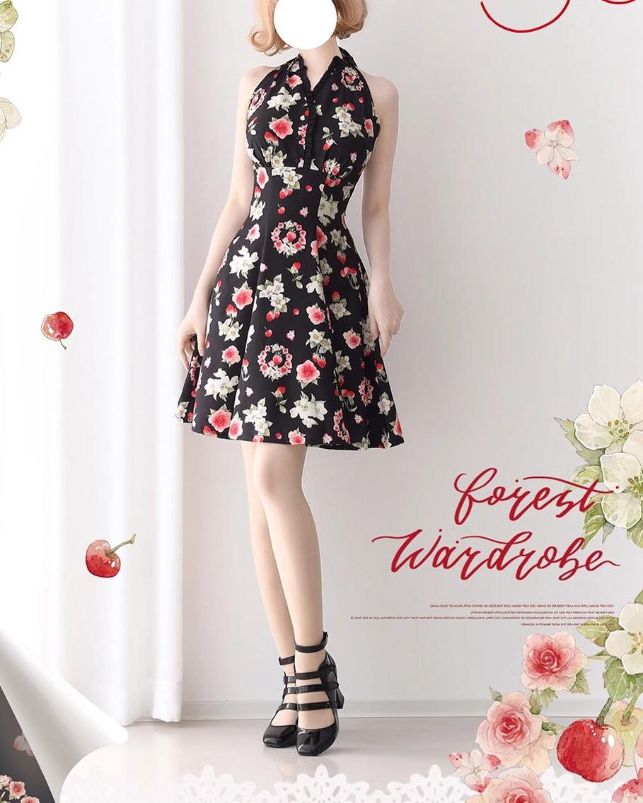 Forest Wardrobe - Summer Berry Picture Book - Elegant Classic Lolita Dress Halter Neckline Floral Print Dress