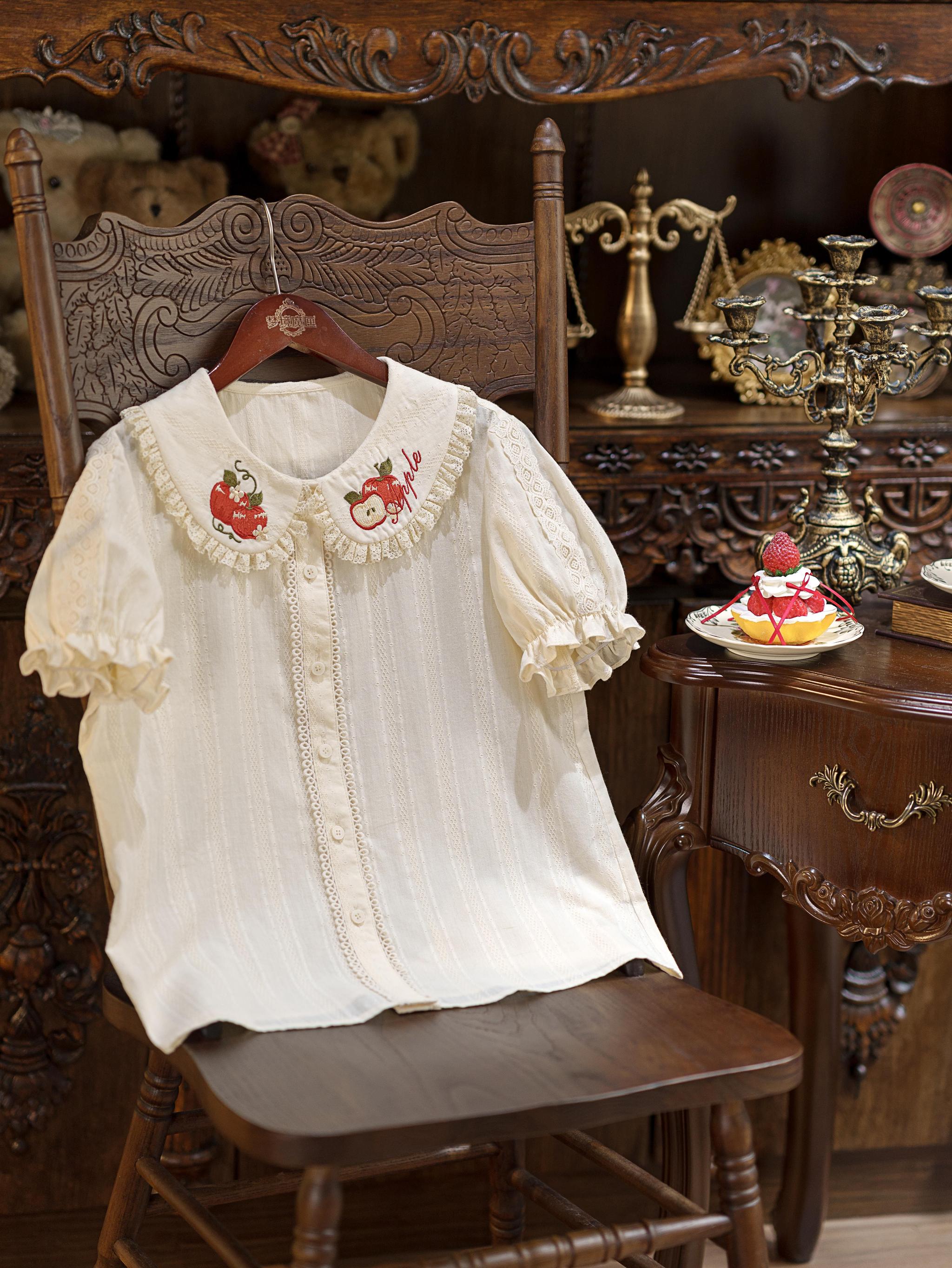 Abundant Tea Time - Kawaii Lolita Blouse, Cotton & Embroidery Red Apple S