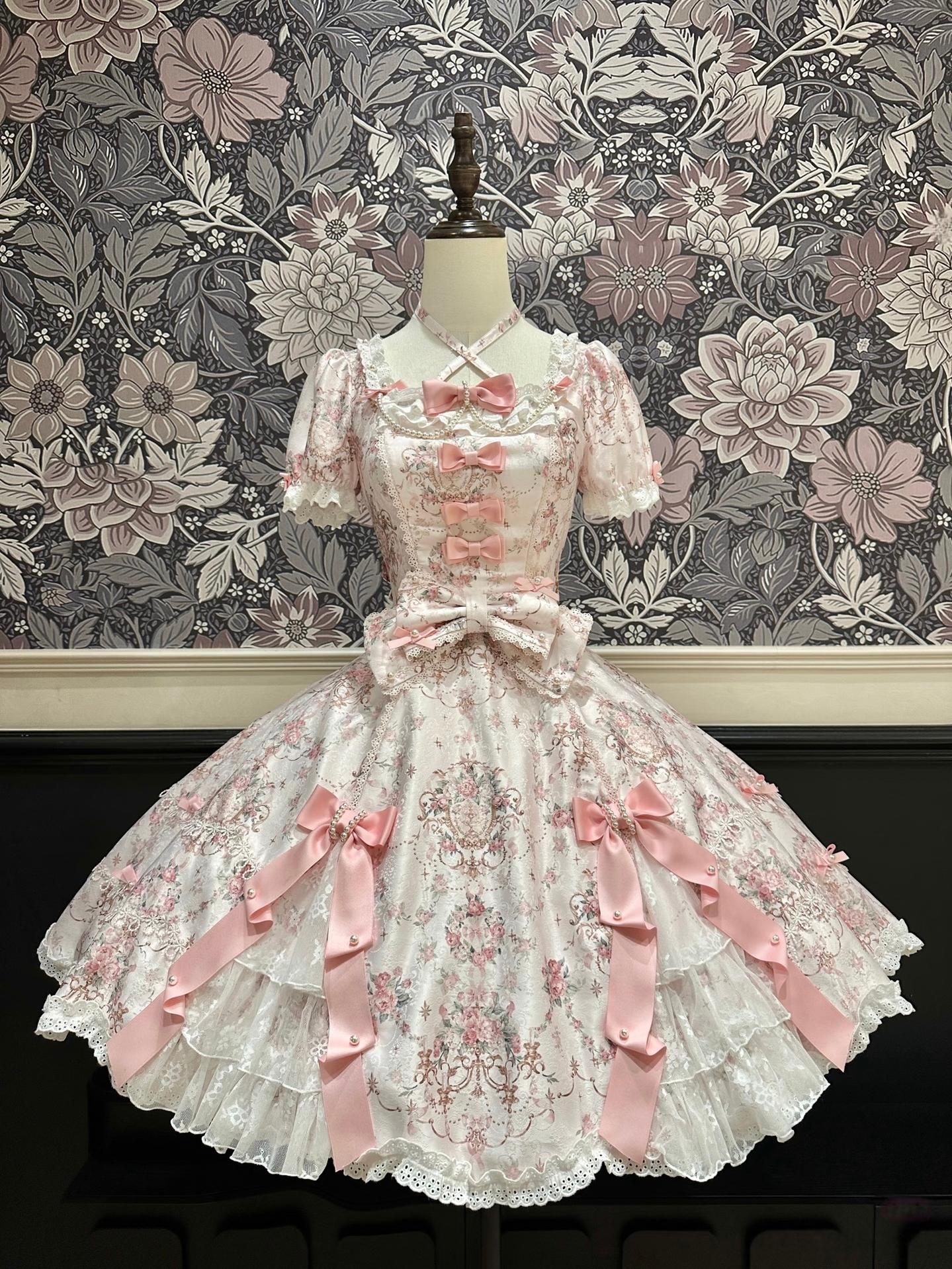 Mengfuzi - FLower in the Mirror - Old-School Lolita Bodice & SK Set, Short-Sleeved OP (Pink / 2XL L M S XL) 44280:802300
