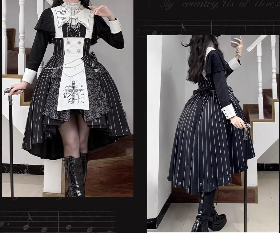 The Choir of the Church - Striped Gothic Lolita Dress Set, High-low Hem