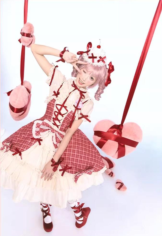 Confession Balloon - Red Plaid Cake Skirt - IP Collab Lolita Plaid JSK Dress 43996:792197