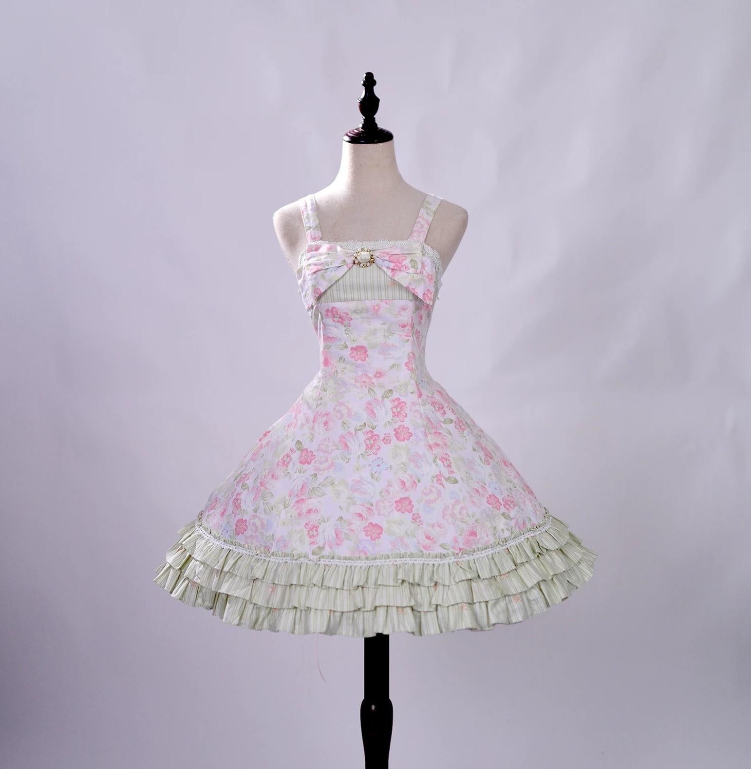 Rose Spring Romance - Cotton Old School Lolita JSK Dress, Floral Print Pink-green S