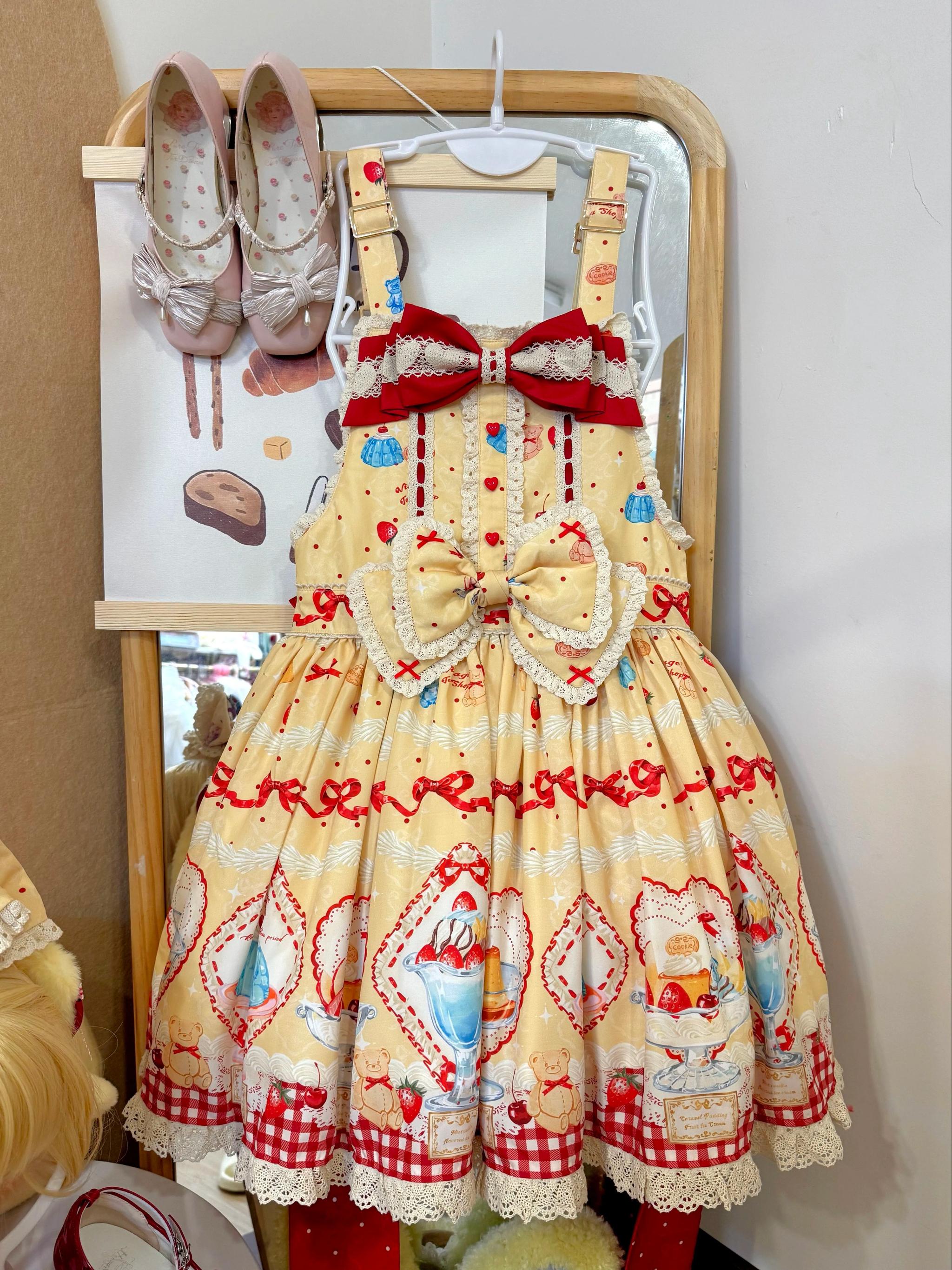 DreamWhale - Showa Dessert Showcase - Kawaii Lolita Dress Suit Pudding-Inspired JSK/Salopette (L M S XL) 43200:771599