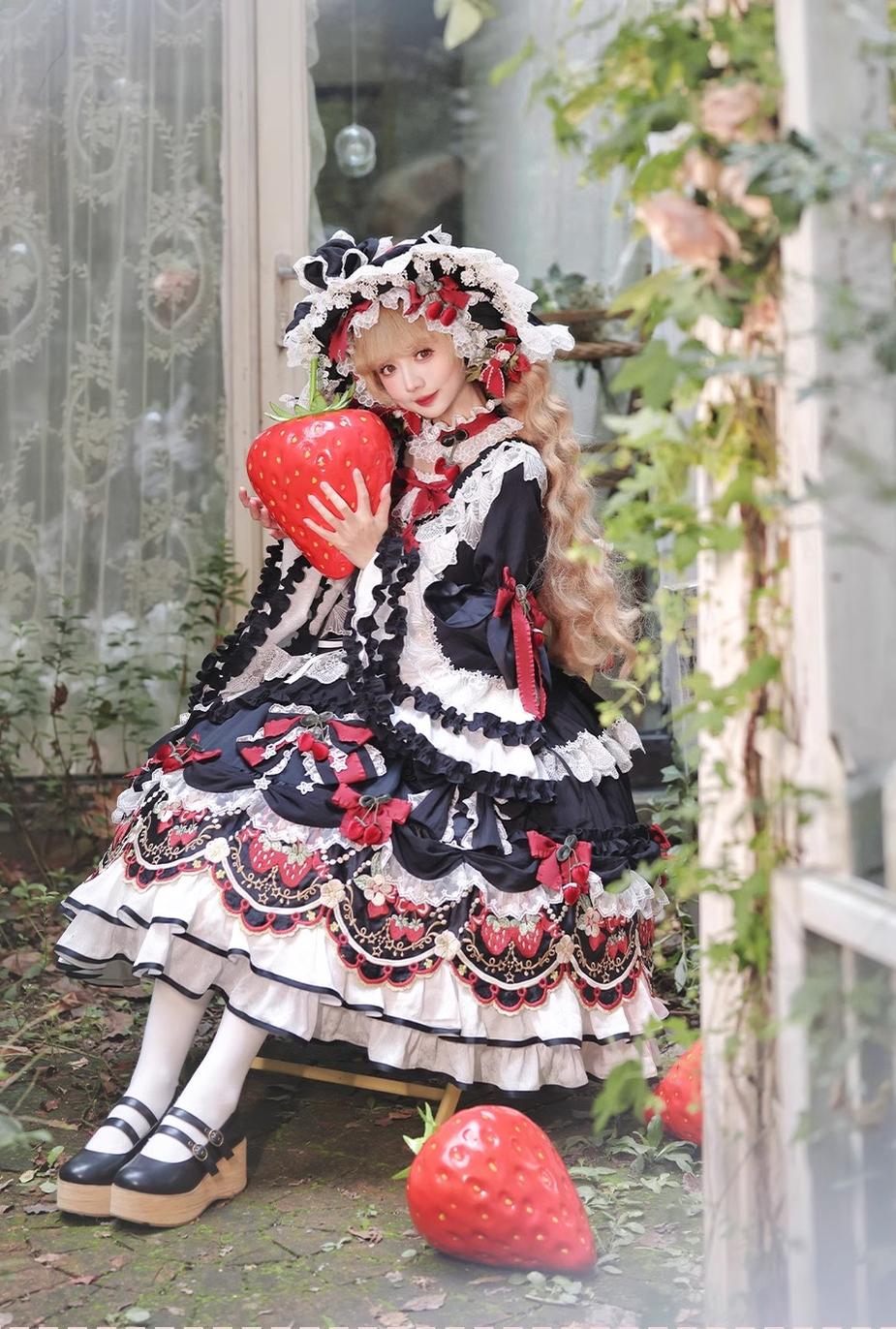 Bramble Rose - Starryberry Eden - Hime-sleeved Sweet Lolita Dress, Strawberry Embroidery 44262:801217