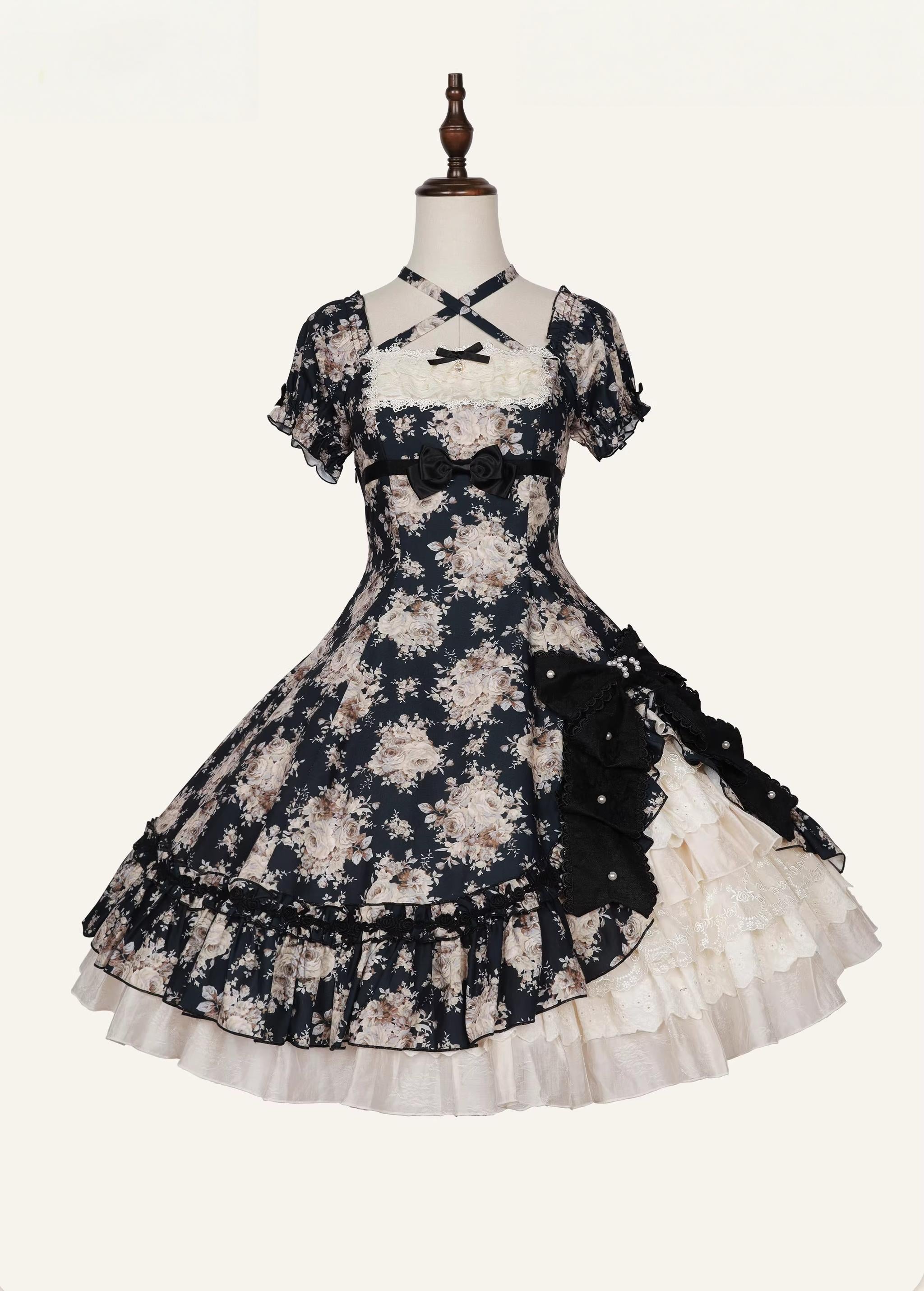 Black Rose - Printed Old School Lolita Dress, Front Opening (L M S XL XS) 44636:817123