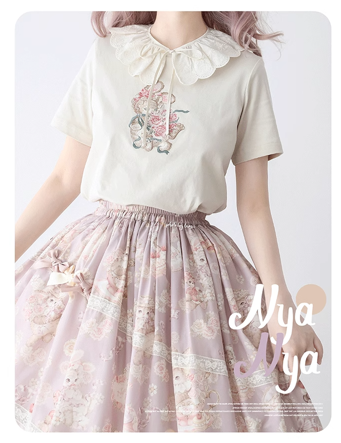 NyaNya - Four Seasons Collection - Sweet Lolita T-shirt Summer Loose Fit Embroidered T-shirt