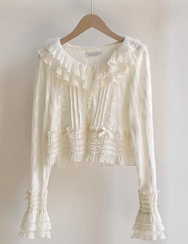Morning Dew - Elegant Lolita Cardigan, Ruffle & Butterfly Pattern Ivory Cardigan S