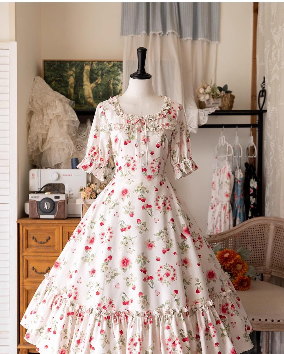 Forest Wardrobe - Summer Berry Picture Book - Vintage Lolita OP Dress Floral Print Short Sleeve Dress