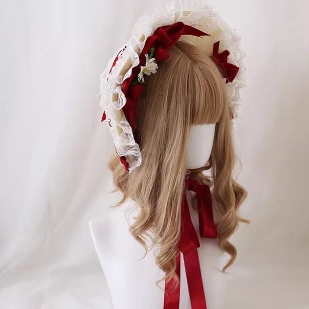 Xiaogui - Sweet Lolita Hat Strawberry Bonnet with Lace and Bow