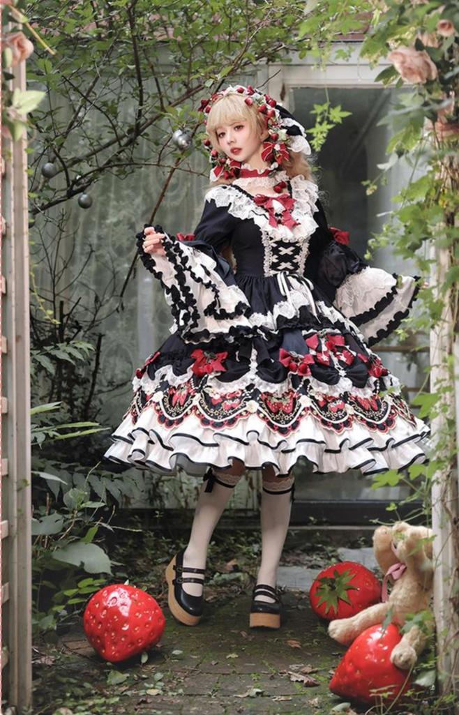 Bramble Rose - Starryberry Eden - Hime-sleeved Sweet Lolita Dress, Strawberry Embroidery 44262:801219