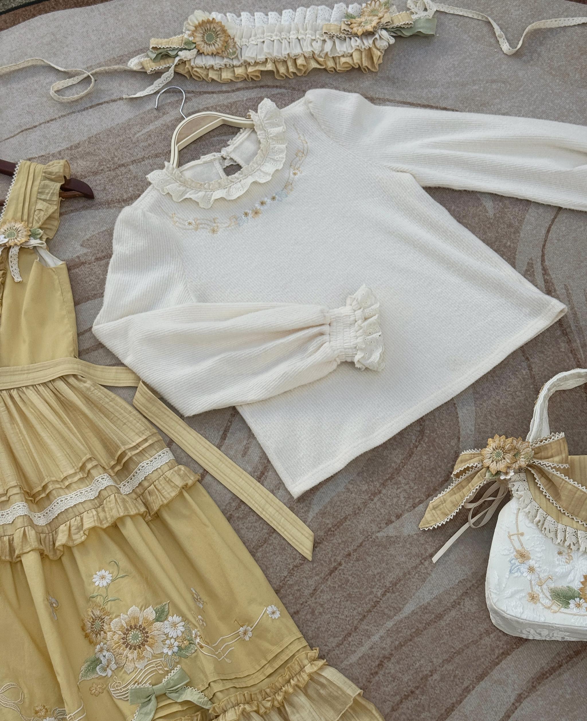 Moonlight Amber - Sunflower - Embroidered Country Lolita Dress, Tiered Skirt Sweater Only XS
