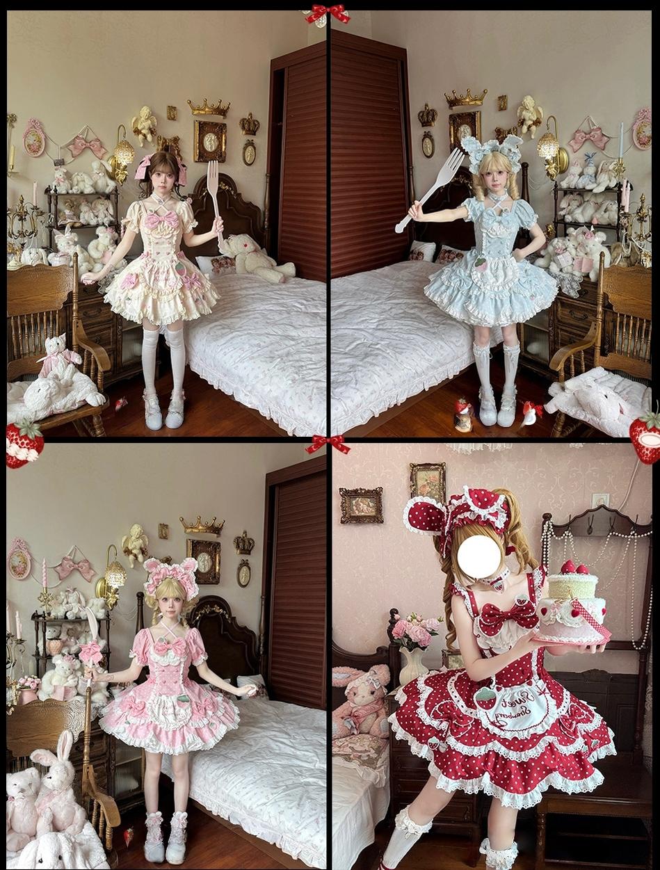 Salty Cream - Strawberry Polka Dot - Sweet Lolita OP Dress, Detachable Apron