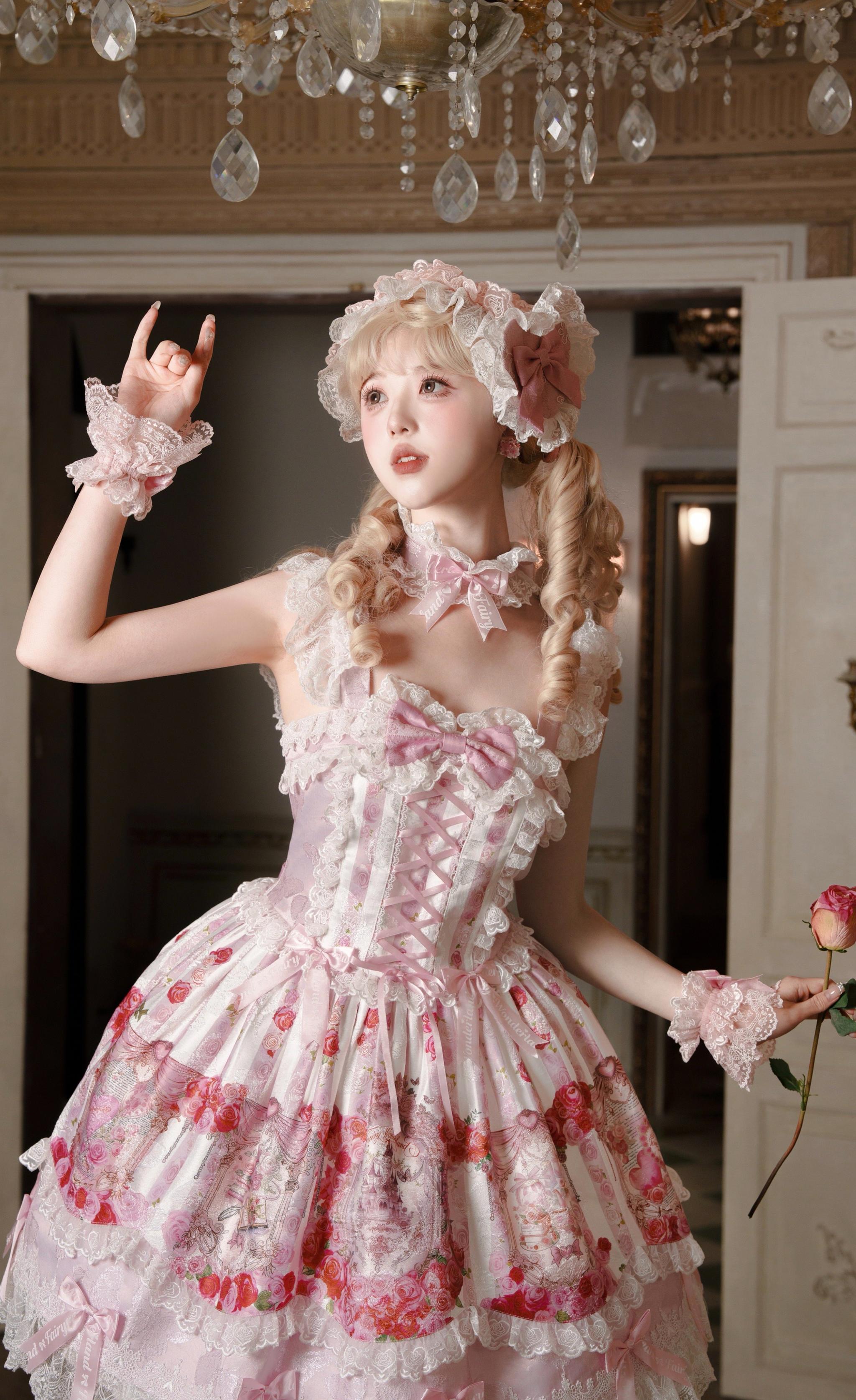 Rose Dream Isle - Sweet Lolita Rose Wall Print Dress, Embroidery & Bows