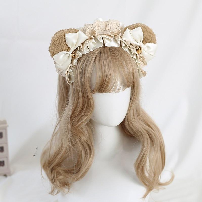Xiaogui - Sweet Lolita KC With Bear Ear and Removable Bell Brown Bear Ears (Cream White Bow)