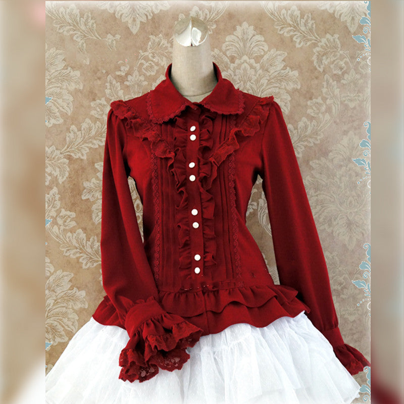 Strawberry Witch - Elegant Lace-Up Back Lolita Blouse S Wine Red