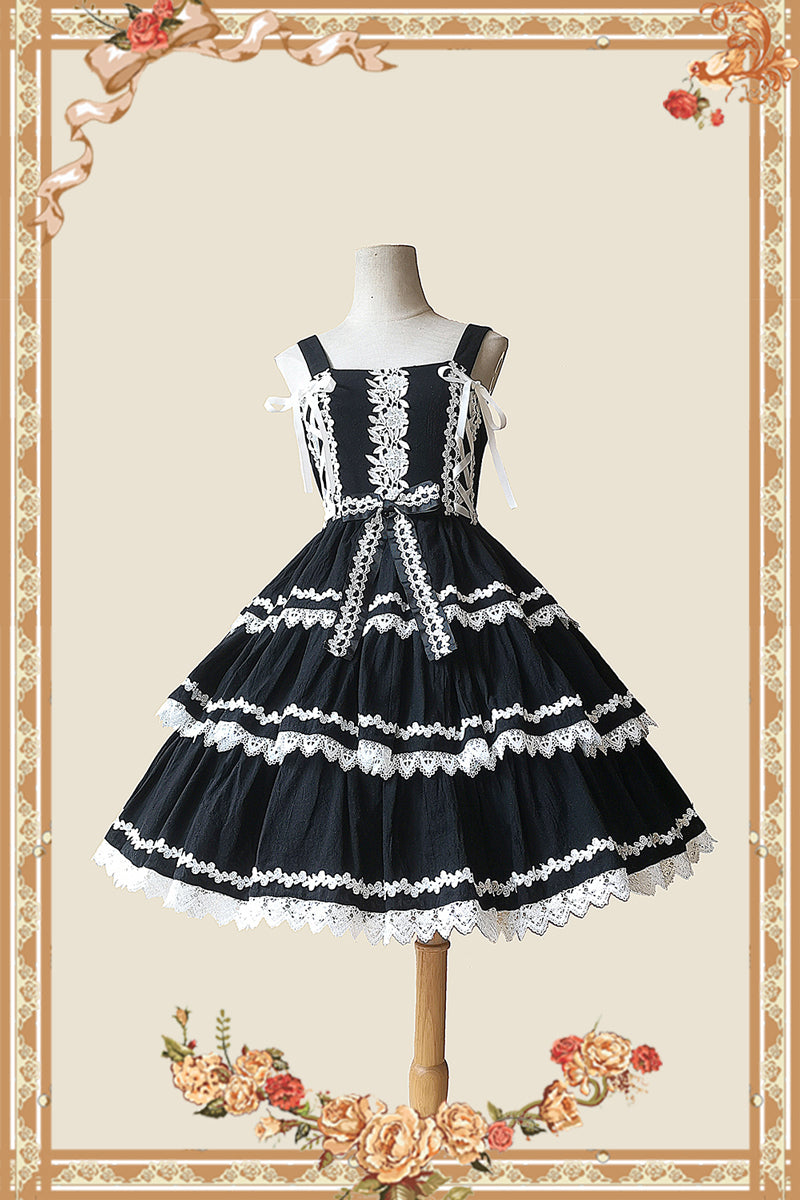 Infanta~Cake Tree~Classic Lolita JSK Dress Tiered Lace Dress S black-white 
