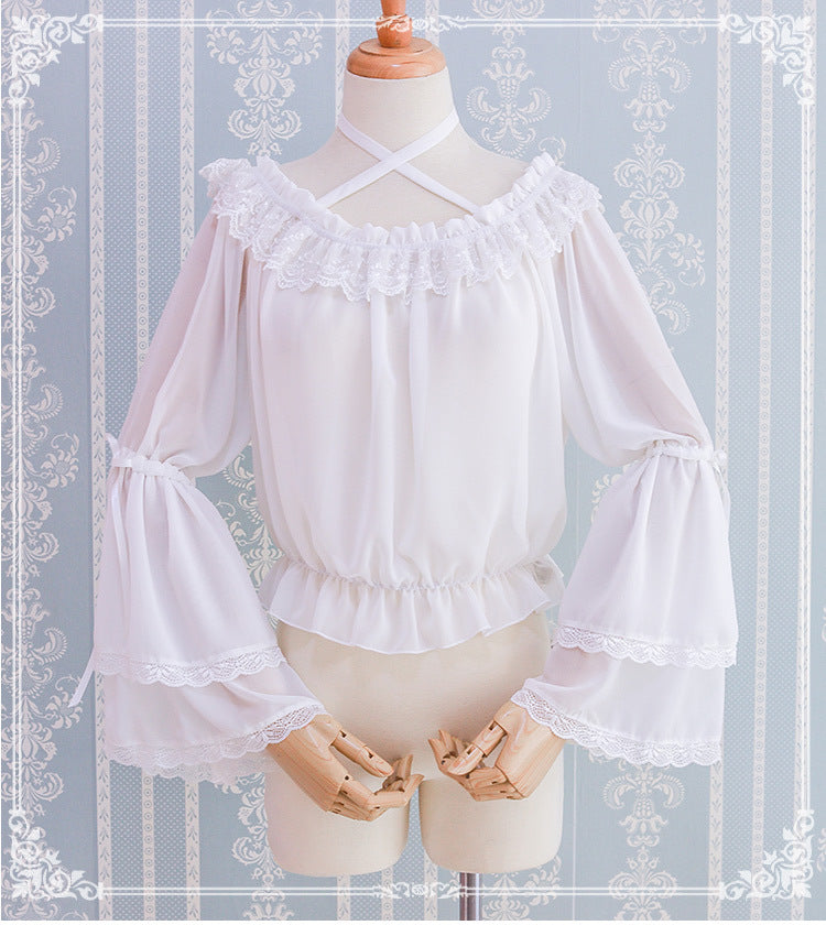 Eieyomi - Kawaii Lolita Blouse Long Sleeve Halter Neckline Chiffon Blouse One Size white