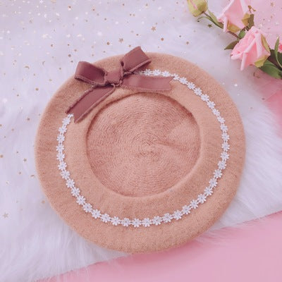 Xiaogui~Sweet and Lovely Daisy Bowknot Woolen Beret beige bow+beige beret+clips  