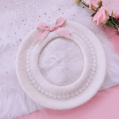 Xiaogui~Sweet and Lovely Daisy Bowknot Woolen Beret pink bow+cream white beret+clips  